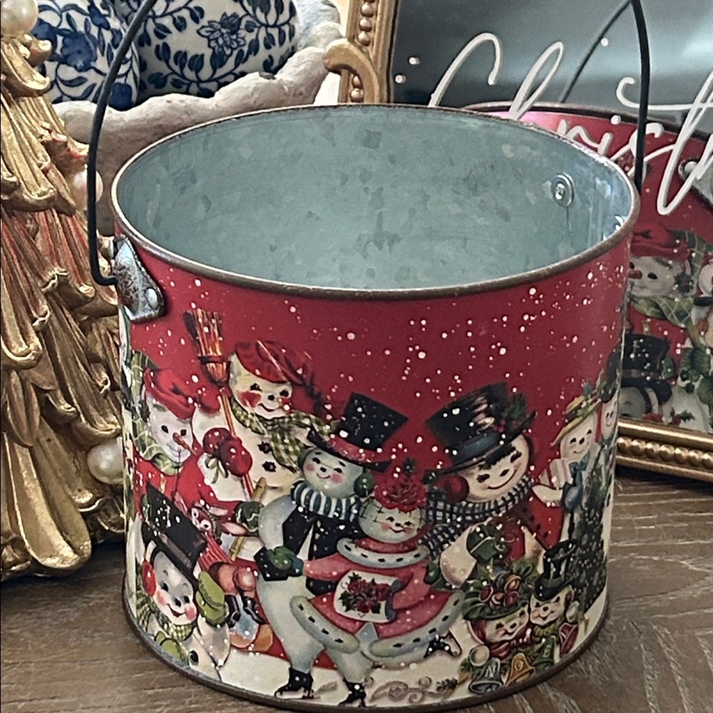 NEW! Vintage Inspired Retro Winter Snowman Metal Christmas Holiday Bucket Basket - Picture 6 of 6